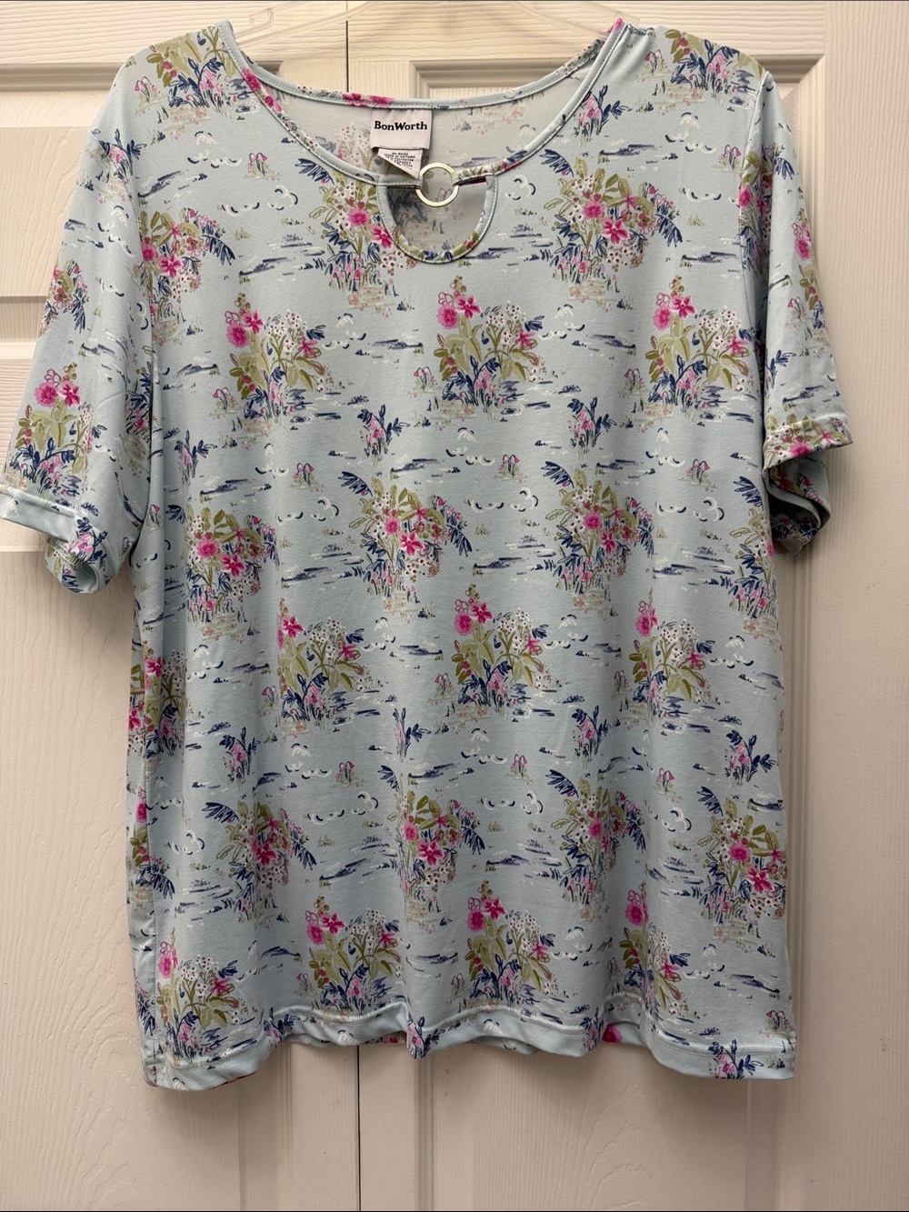 BonWorth Pale Blue Floral Keyhole Top